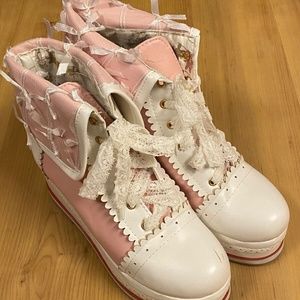 Kawaii Platform Pink Boots, Lace-up Cosplay Brogue Sneakers Lolita Sz 36 (5.5)